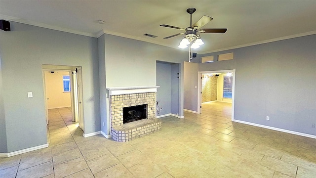 unfurnished living room with baseboards, visible vents, a ceiling fan, crown molding, and a fireplace