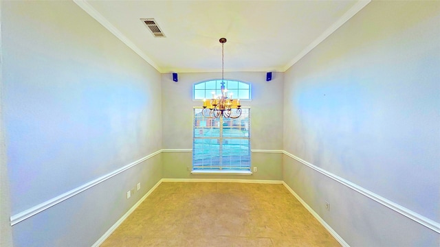 unfurnished dining area featuring baseboards, ornamental molding, visible vents, and a notable chandelier