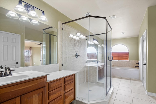 full bath with visible vents, a garden tub, tile patterned flooring, vanity, and a shower stall