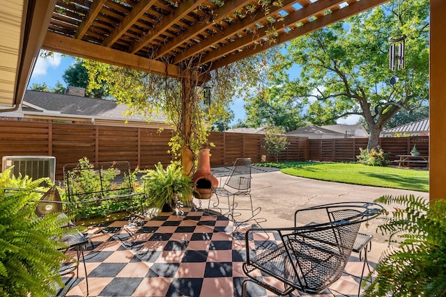 view of patio with a pergola, a fenced backyard, outdoor dining area, and central air condition unit