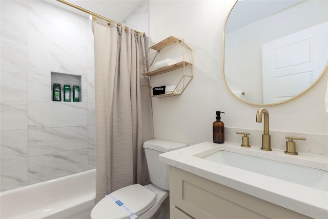 bathroom with toilet, shower / bathtub combination with curtain, and vanity