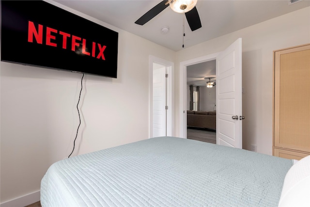 bedroom featuring visible vents and a ceiling fan