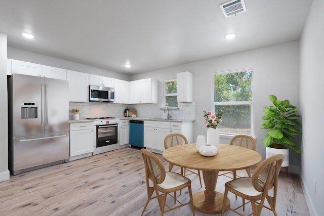 kitchen featuring visible vents, decorative backsplash, appliances with stainless steel finishes, white cabinetry, and a sink