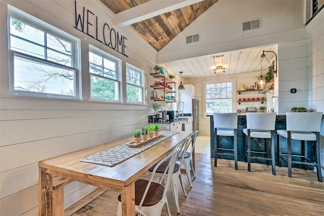 dining area with lofted ceiling with beams, wooden ceiling, visible vents, and light wood finished floors