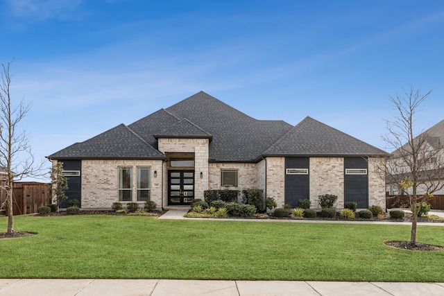 french country home with a shingled roof, fence, french doors, a front yard, and brick siding