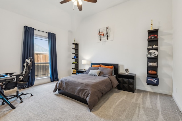 bedroom with ceiling fan, carpet floors, and baseboards