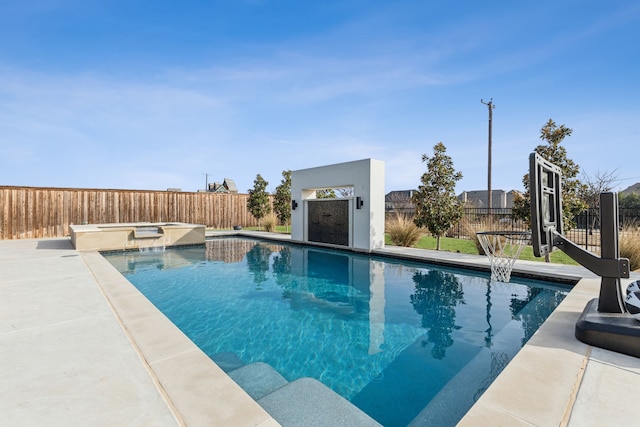 view of pool featuring an in ground hot tub, a fenced backyard, and a fenced in pool