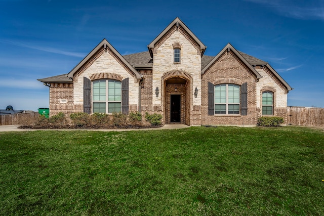 french country home featuring brick siding, a front yard, and a shingled roof