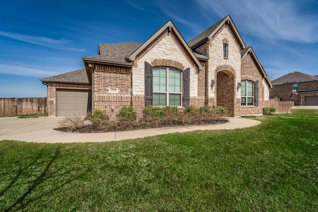 french country home with an attached garage, brick siding, fence, concrete driveway, and a front lawn