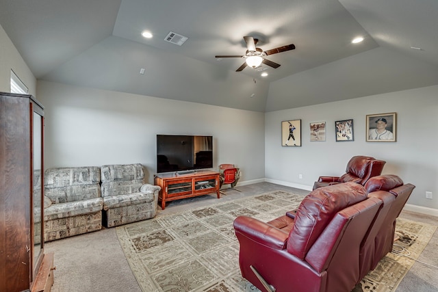 living room featuring lofted ceiling, ceiling fan, recessed lighting, carpet flooring, and visible vents