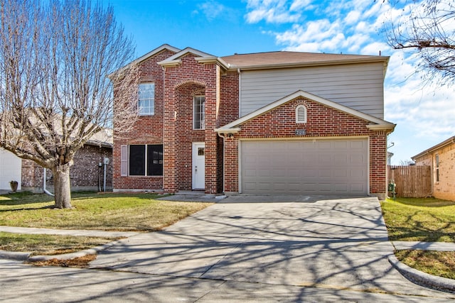 traditional-style house with a garage, concrete driveway, brick siding, and a front yard