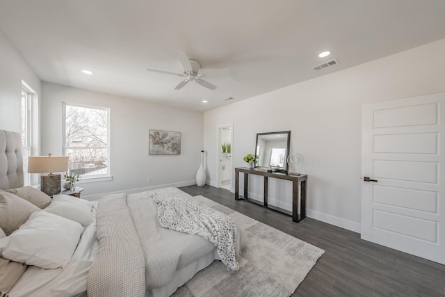 bedroom featuring baseboards, visible vents, dark wood-style floors, ceiling fan, and recessed lighting