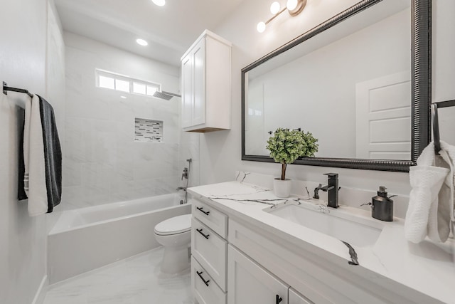 bathroom with toilet, recessed lighting, vanity, marble finish floor, and shower / washtub combination