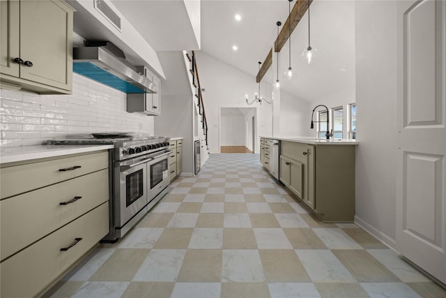 3829 Cloverdale Dr, Tyler, TX 75701 - kitchen with stainless steel appliances, wall chimney range hood, baseboards, lofted ceiling, and a sink