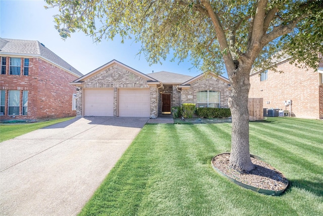 single story home with brick siding, a front yard, central AC, a garage, and driveway