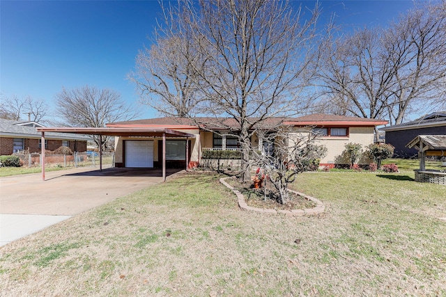 single story home with driveway, an attached carport, fence, a front lawn, and brick siding