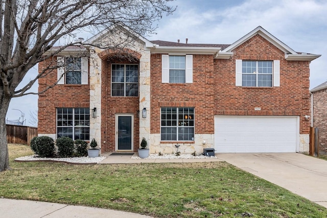 traditional-style house with a garage, stone siding, concrete driveway, and brick siding