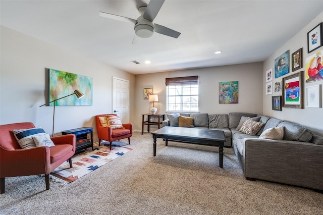 carpeted living room with recessed lighting and ceiling fan