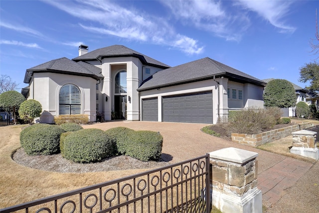 view of front facade with an attached garage, decorative driveway, and stucco siding