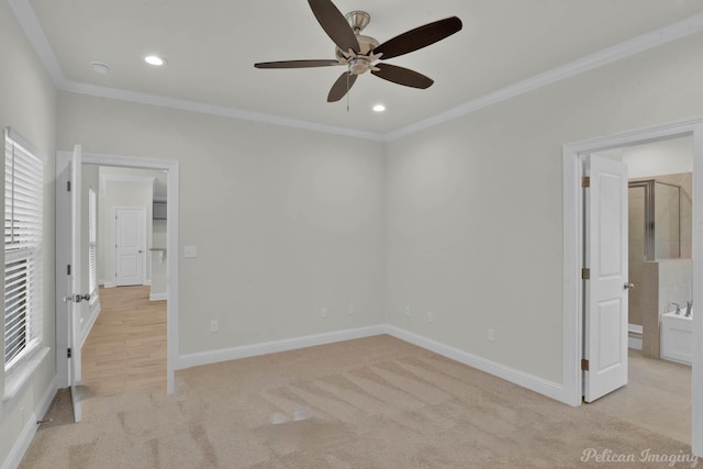 unfurnished bedroom with recessed lighting, baseboards, light colored carpet, and ornamental molding