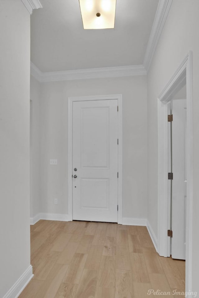 interior space featuring ornamental molding, light wood-style flooring, and baseboards