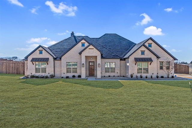 french provincial home featuring a chimney, fence, a front lawn, and brick siding