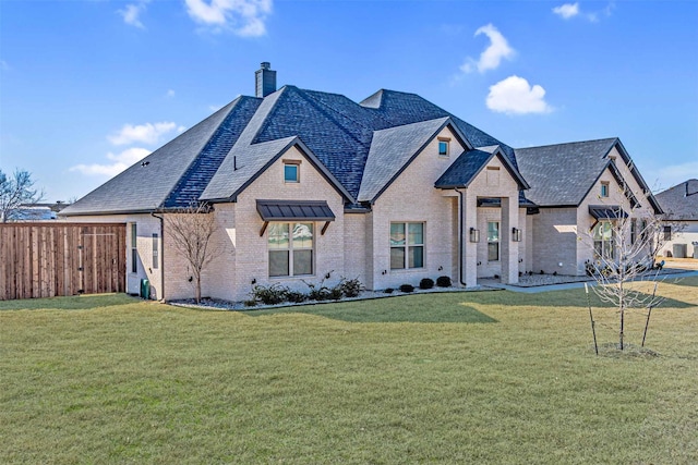 french provincial home featuring brick siding, fence, a chimney, and a front lawn