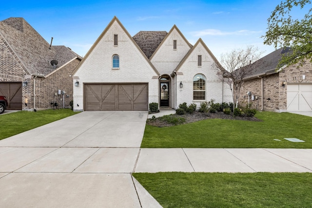 french country inspired facade with driveway, a shingled roof, an attached garage, a front lawn, and brick siding