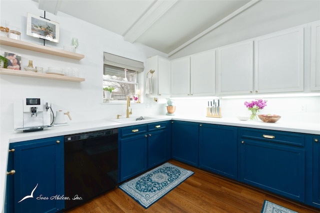 kitchen with blue cabinets, white cabinets, dishwasher, and open shelves