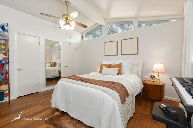 bedroom with vaulted ceiling with beams, baseboards, a ceiling fan, and dark wood-type flooring