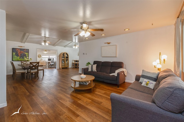 living room with a ceiling fan, recessed lighting, dark wood finished floors, and baseboards