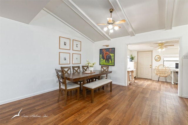 dining space with lofted ceiling with beams, baseboards, and dark wood finished floors