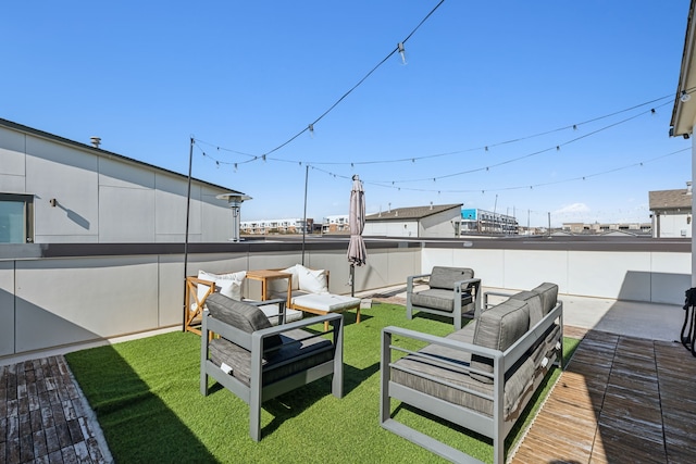 view of yard featuring an outdoor hangout area and a wooden deck