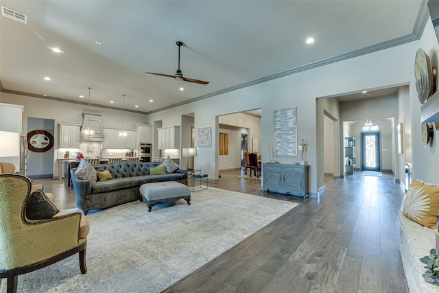 326 Prairie View Rd, Rockwall, TX 75087 - living area with visible vents, ornamental molding, ceiling fan, recessed lighting, and wood finished floors