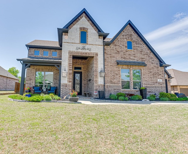 326 Prairie View Rd, Rockwall, TX 75087 - french country style house with brick siding, a front yard, and stone siding