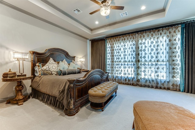 326 Prairie View Rd, Rockwall, TX 75087 - carpeted bedroom featuring visible vents, a tray ceiling, and ornamental molding