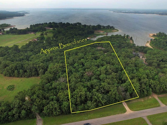 aerial view featuring a forest view and a water view