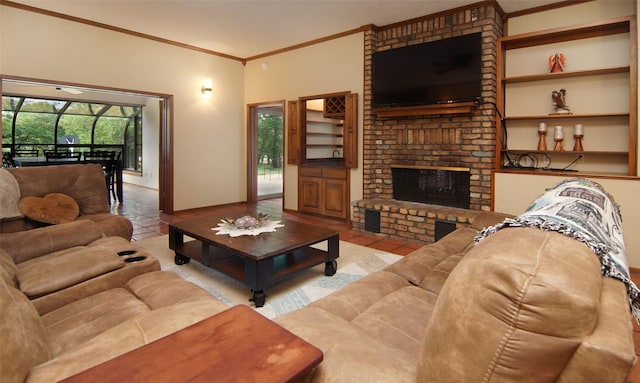 living area featuring light tile patterned floors, built in shelves, a fireplace, and crown molding