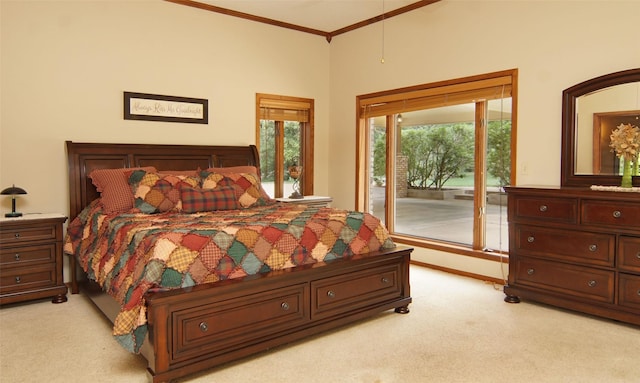 bedroom featuring light carpet, ornamental molding, baseboards, and access to exterior