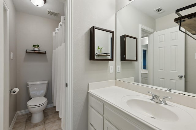 bathroom featuring toilet, vanity, tile patterned flooring, and visible vents