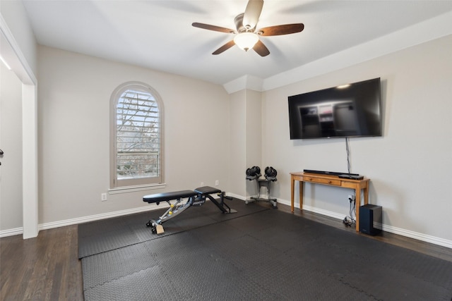 exercise room with ceiling fan, dark wood-style flooring, and baseboards