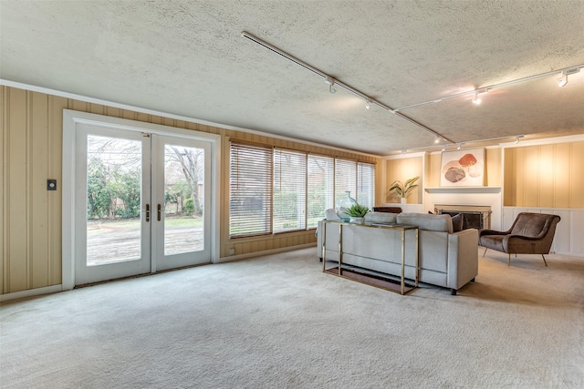 430 Mayrant Dr, Dallas, TX 75224 - carpeted living room with rail lighting, a textured ceiling, french doors, and a fireplace