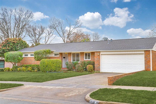 430 Mayrant Dr, Dallas, TX 75224 - ranch-style house featuring asphalt driveway, brick siding, a front lawn, an attached garage, and roof with shingles