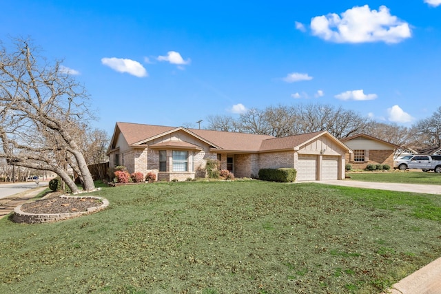 ranch-style home with a garage, concrete driveway, brick siding, and a front lawn