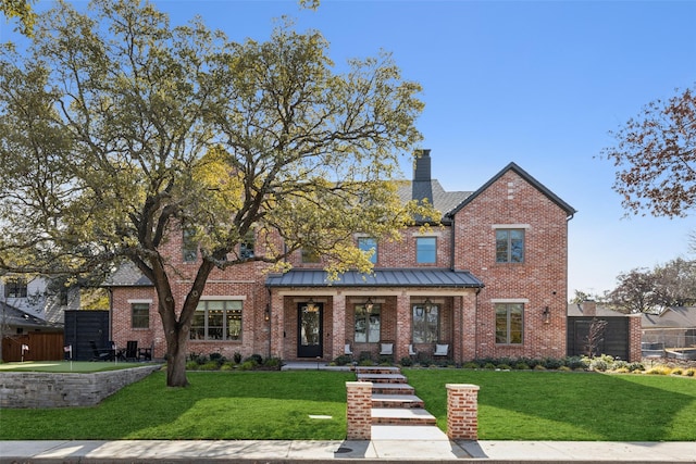 view of front of house with brick siding, a standing seam roof, and a front yard