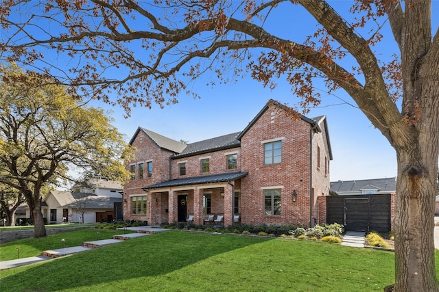 view of front of property featuring a front yard, brick siding, and fence