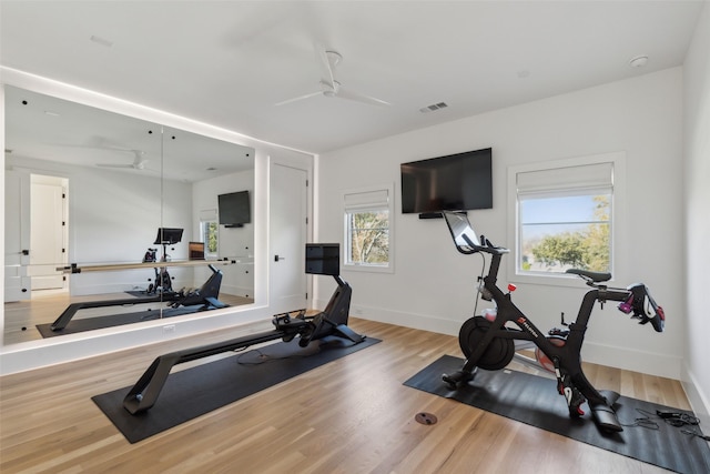 exercise area featuring a ceiling fan, baseboards, visible vents, and wood finished floors