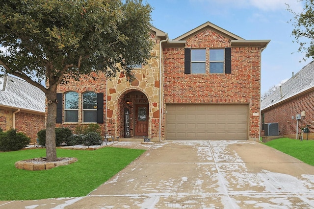 traditional home with concrete driveway, an attached garage, cooling unit, stone siding, and a front lawn