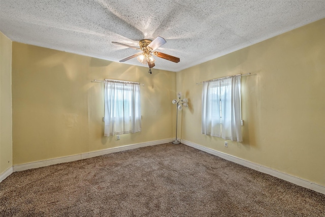 carpeted empty room featuring plenty of natural light, a textured ceiling, and baseboards