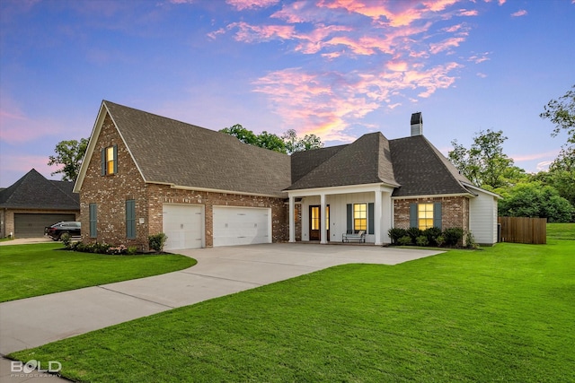 view of front of property with driveway, brick siding, a front lawn, and a chimney